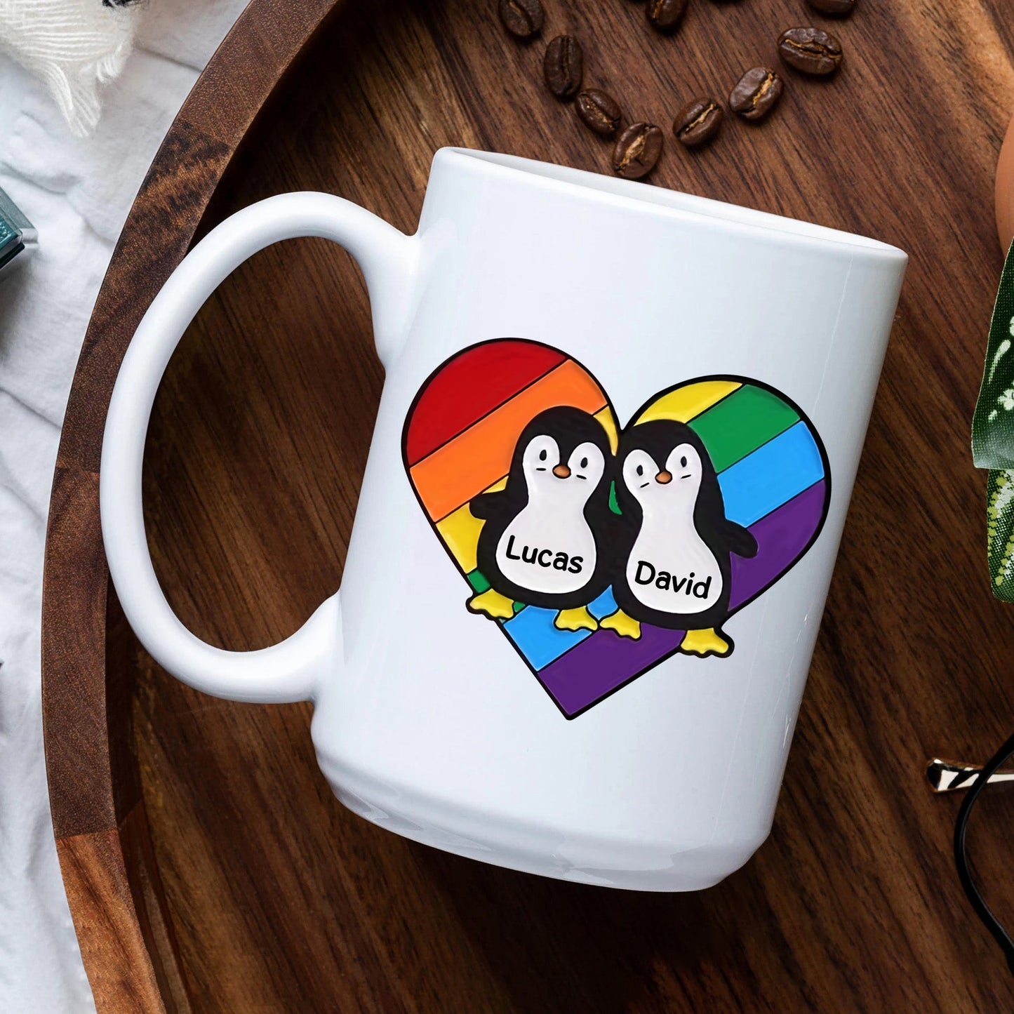 Rainbow Heart Pride Penguins - Personalized Mug