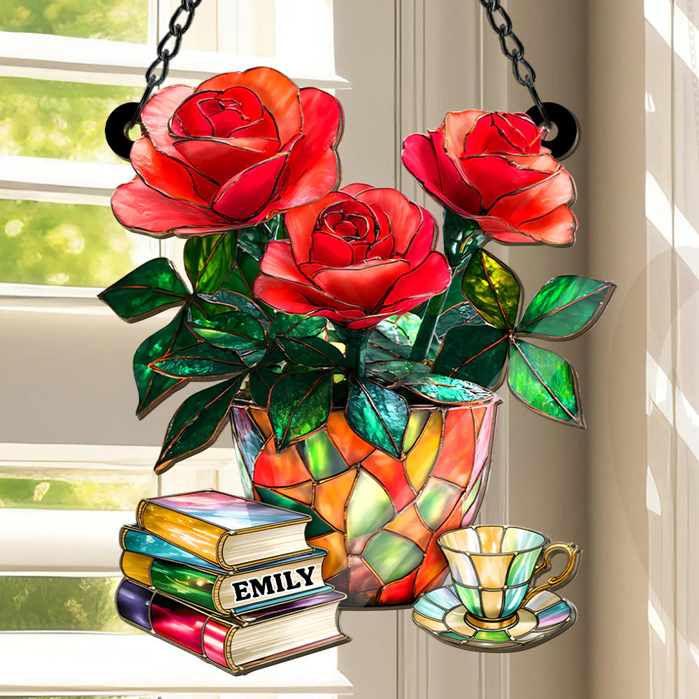 Rose, Book And Tea - Personalized Window Hanging Suncatcher