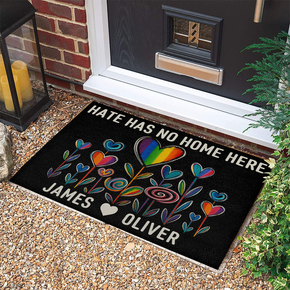 No Hate Here, Vibrant Floral Design - Personalized Doormat