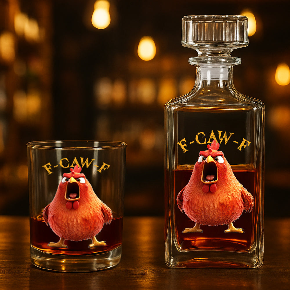 Funny Whiskey Glass - F-Caw-F Crow Joke - Gift For Family Members, Coworkers, Friends - Personalized Combo Whiskey Glass + Decanter