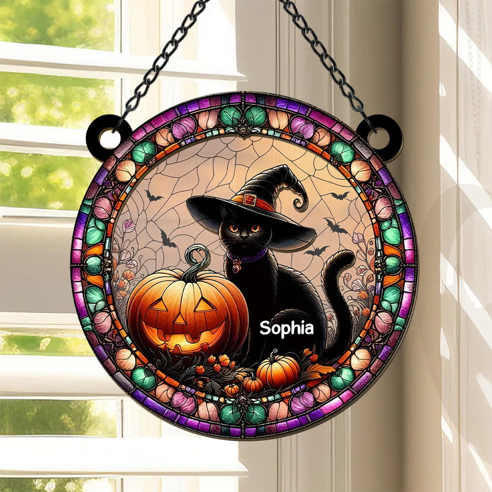 Black Cat And Pumpkin - Personalized Window Hanging Suncatcher
