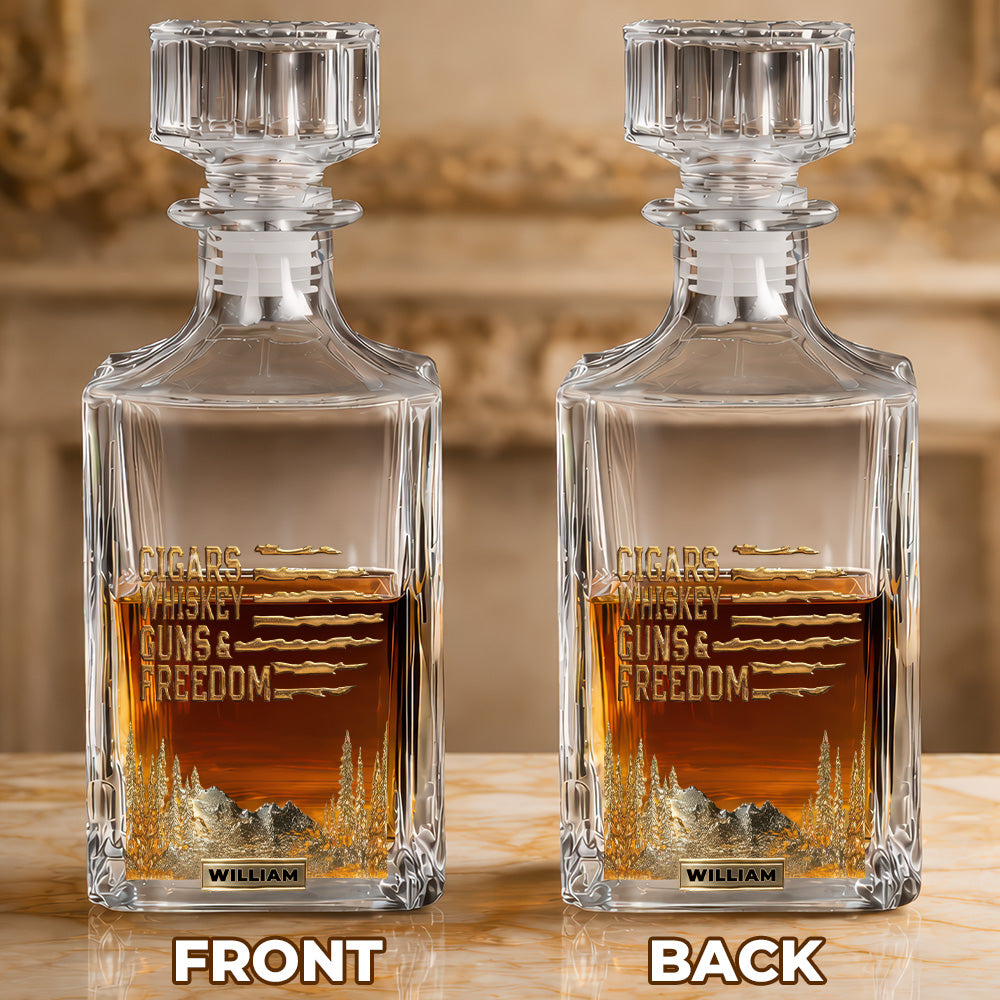 Cigars, Whiskey, Guns & Freedom - Gift For Family Members, Friends, Coworkers - Personalized Combo Whiskey Glass + Decanter