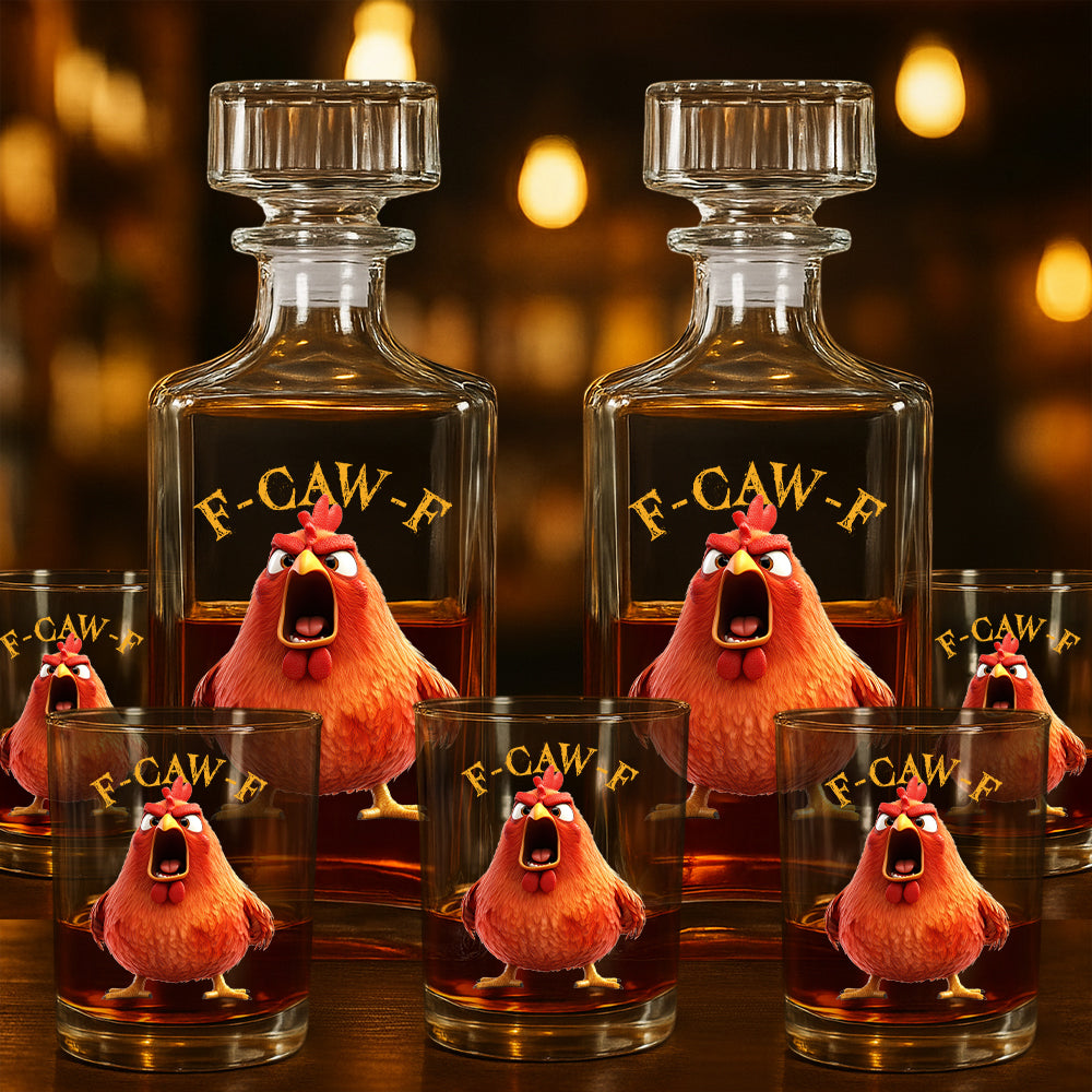 Funny Whiskey Glass - F-Caw-F Crow Joke - Gift For Family Members, Coworkers, Friends - Personalized Combo Whiskey Glass + Decanter
