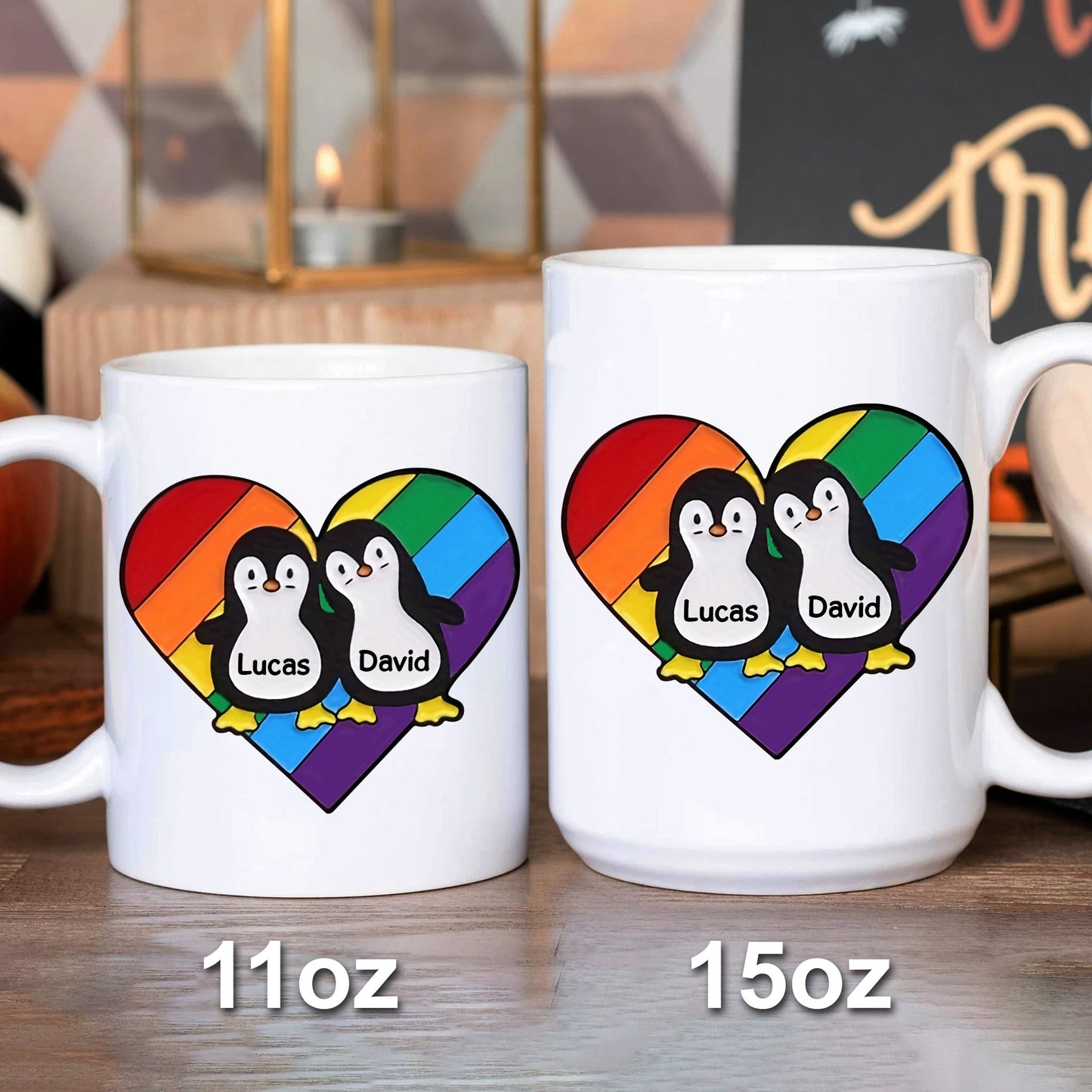 Rainbow Heart Pride Penguins - Personalized Mug