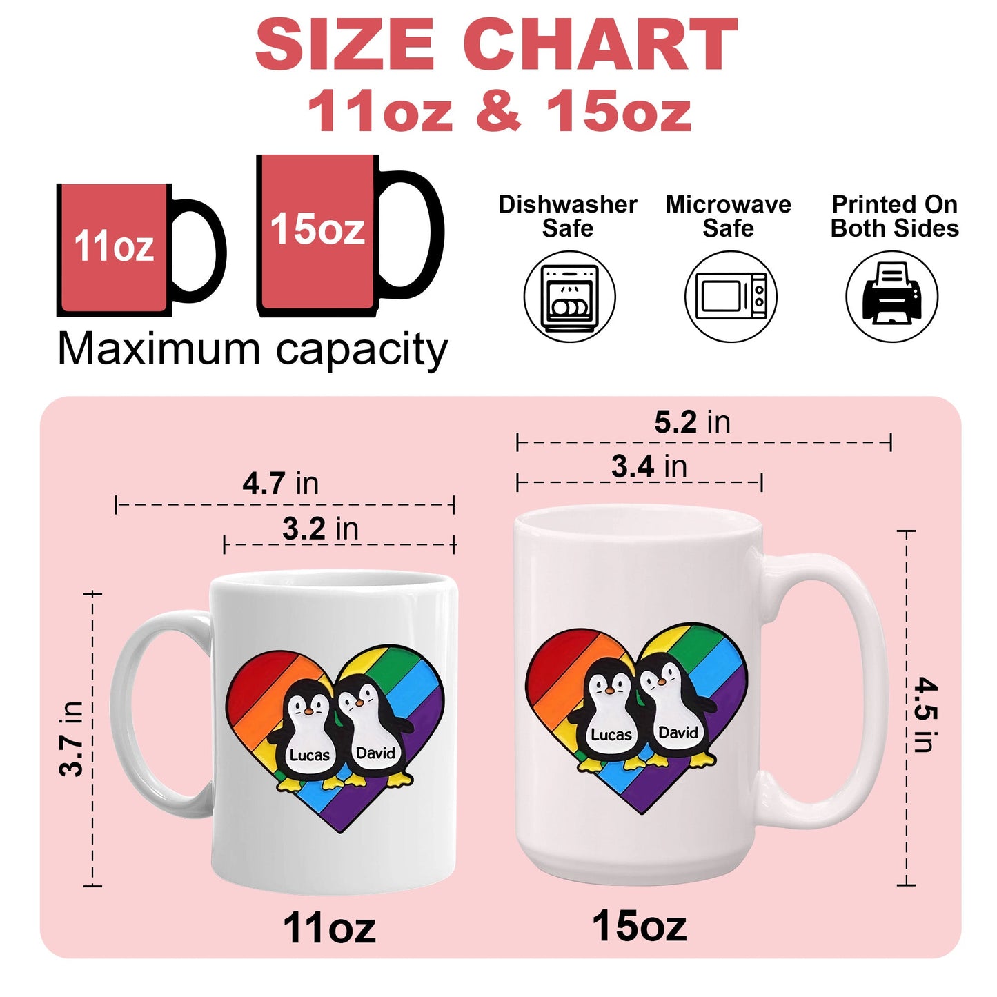 Rainbow Heart Pride Penguins - Personalized Mug