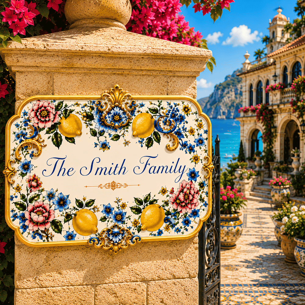 Mediterranean Style & Majolica Print Blue Lemon - Personalized Custom Shaped Metal Sign