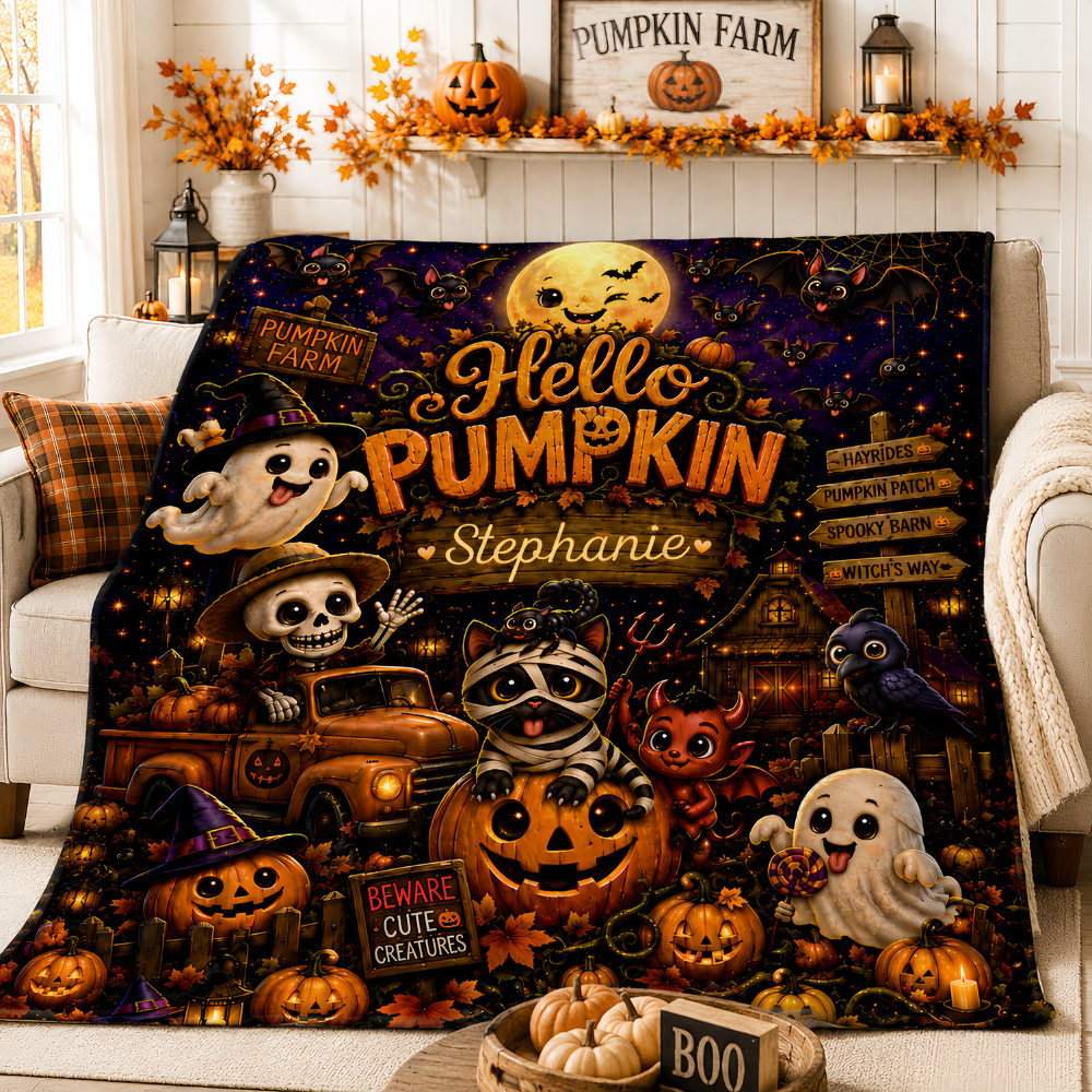 Hello Pumpkin - Personalized Halloween Blanket - Gift For Halloween