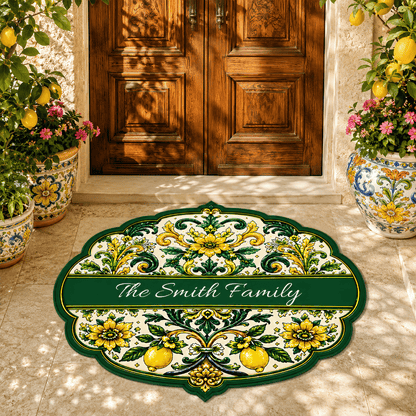 Mediterranean Style & Majolica Print Sun-Kissed Limoncello - Personalized Shaped Luxurious Doormat