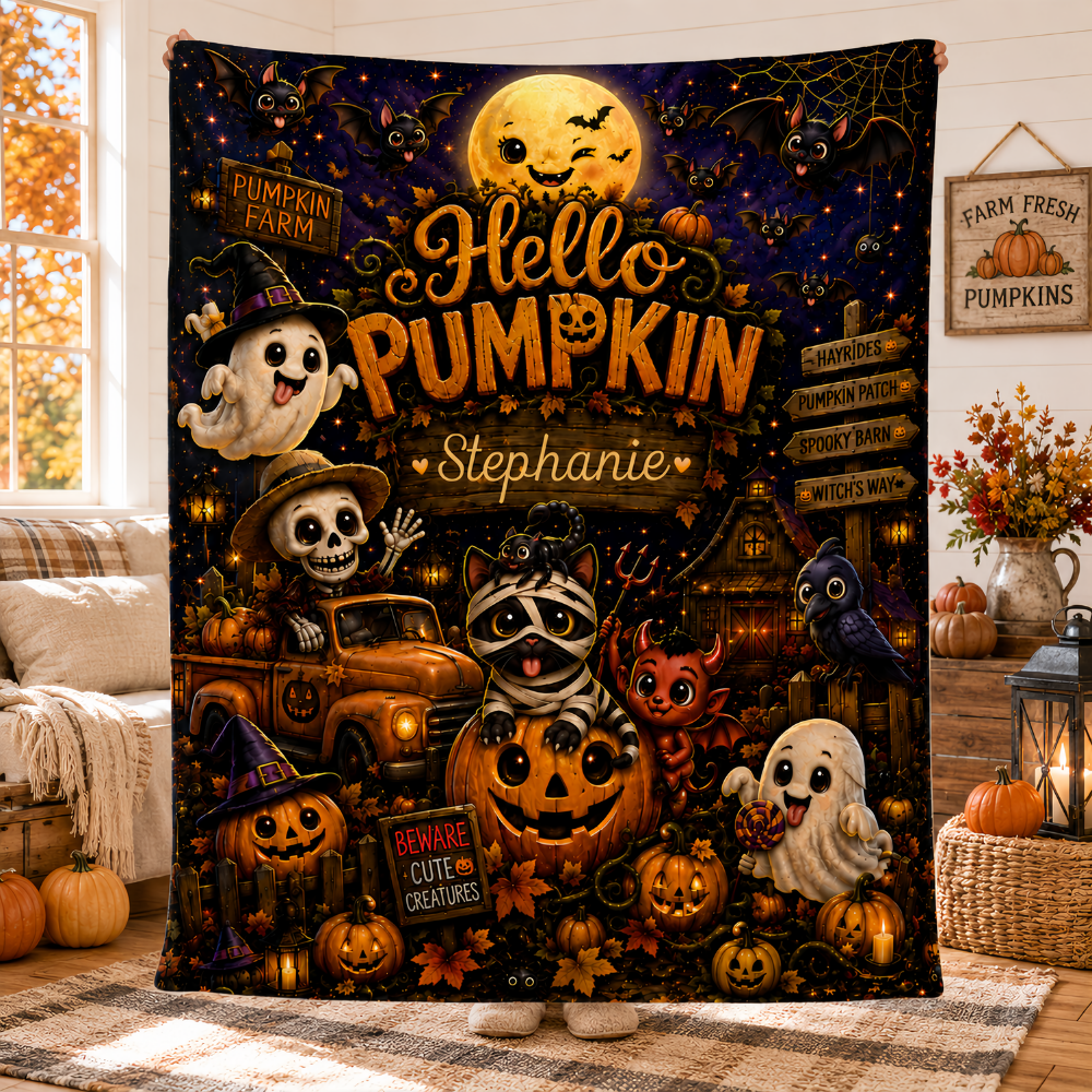 Hello Pumpkin - Personalized Halloween Blanket - Gift For Halloween