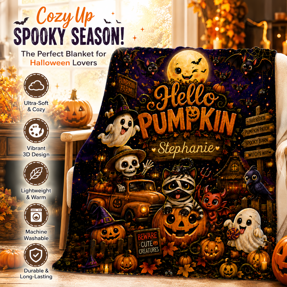 Hello Pumpkin - Personalized Halloween Blanket - Gift For Halloween