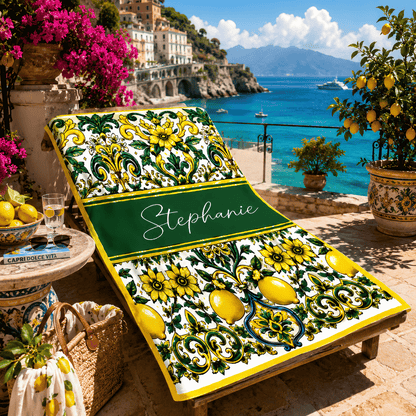 Mediterranean Style & Majolica Print Sun-Kissed Limoncello - Personalized Beach Towel