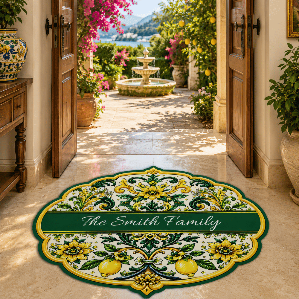 Mediterranean Style & Majolica Print Sun-Kissed Limoncello - Personalized Shaped Luxurious Doormat