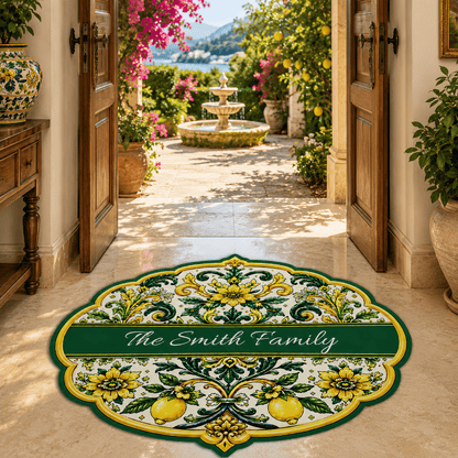 Mediterranean Style & Majolica Print Sun-Kissed Limoncello - Personalized Shaped Luxurious Doormat