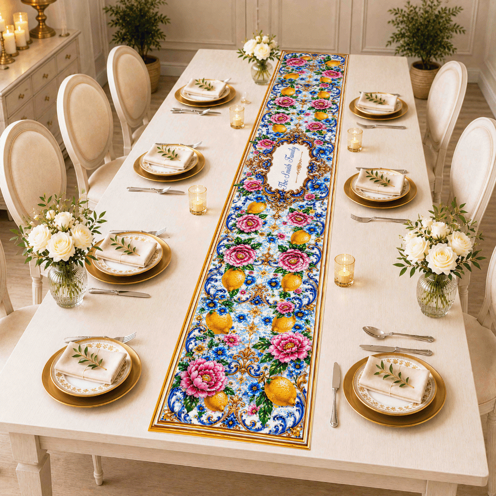 Mediterranean Style & Majolica Print Blue Lemon - Personalized Table Runner