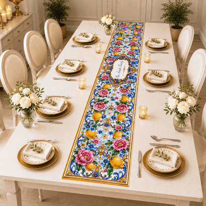 Mediterranean Style & Majolica Print Blue Lemon - Personalized Table Runner