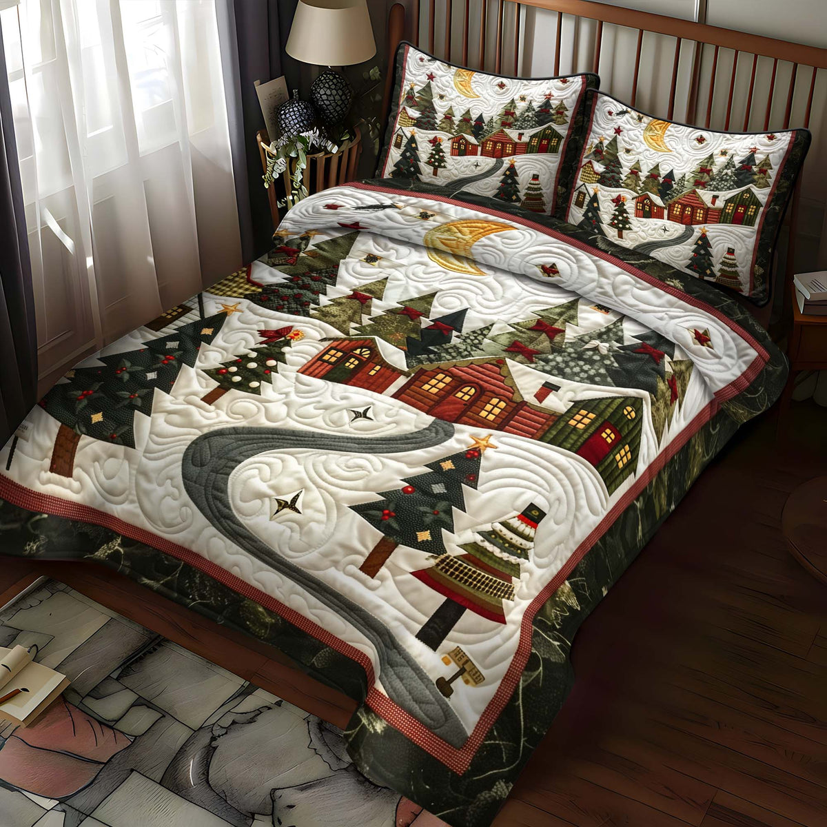 Moonlit Christmas Village -Piece Quilted Bedding Set VTQ-Myprintsy