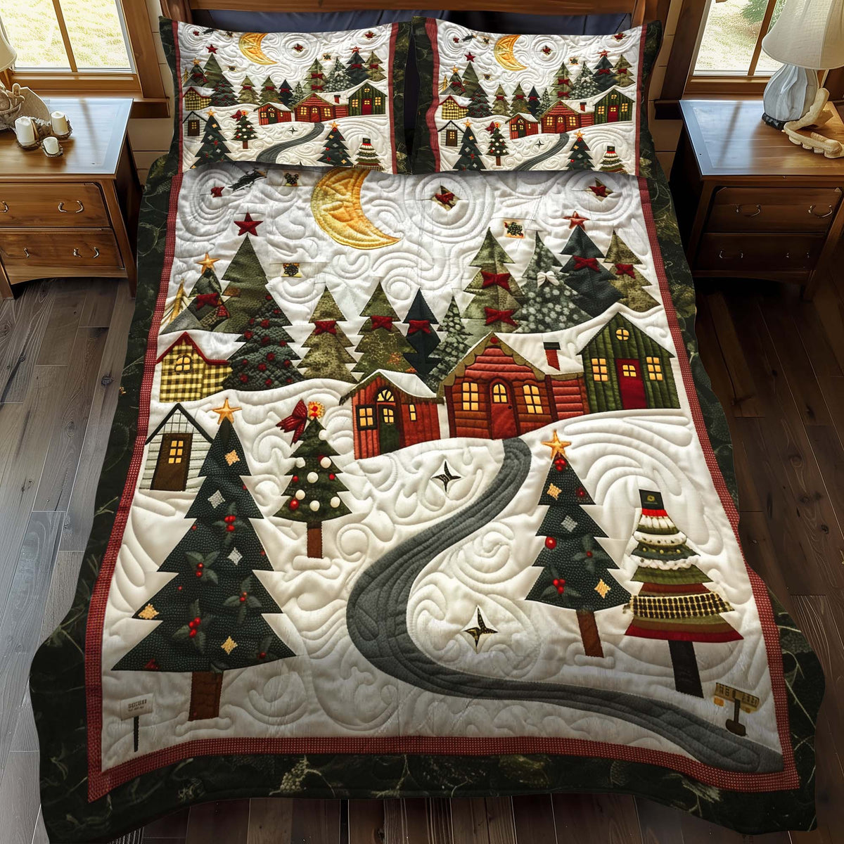 Moonlit Christmas Village -Piece Quilted Bedding Set VTQ-Myprintsy