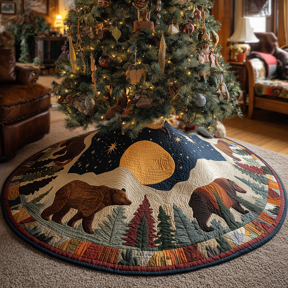 Moonlit Forest Bear Christmas Quilted Tree Skirt-Myprintsy