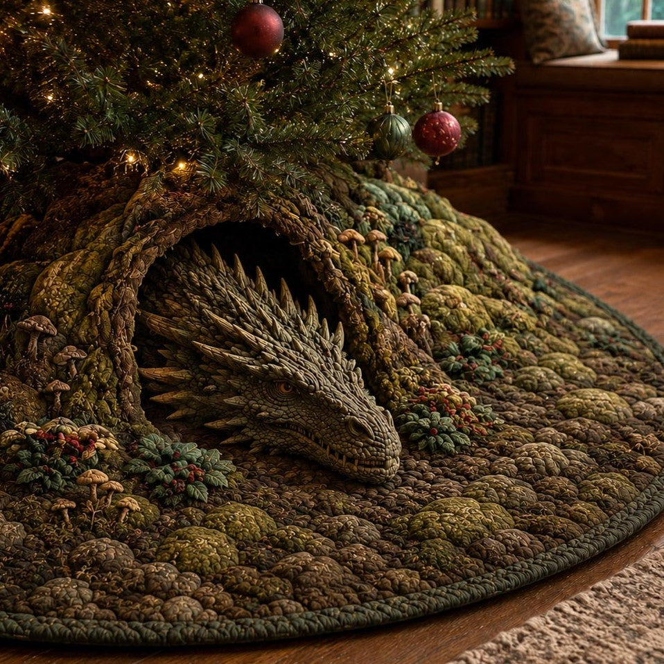 Mossy Forest Dragon Christmas Quilted Tree Skirt VTQ-Myprintsy