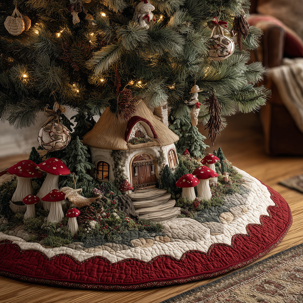 Mushroom Hollow Cottage Christmas Quilted Tree Skirt VTQ-Myprintsy