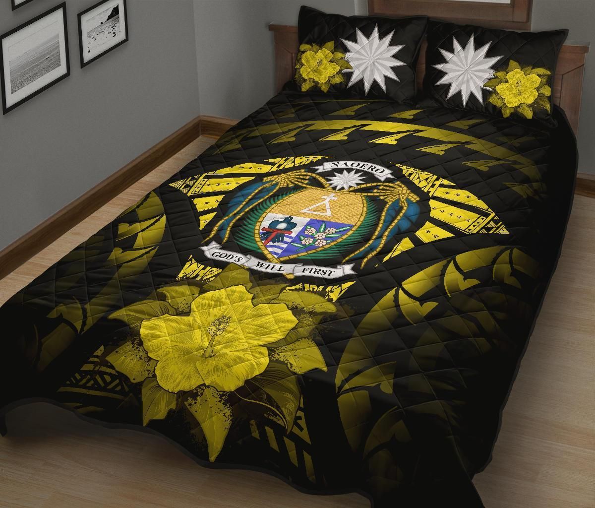 Nauru Polynesian Quilt Bed Set Hibiscus Yellow-Myprintsy