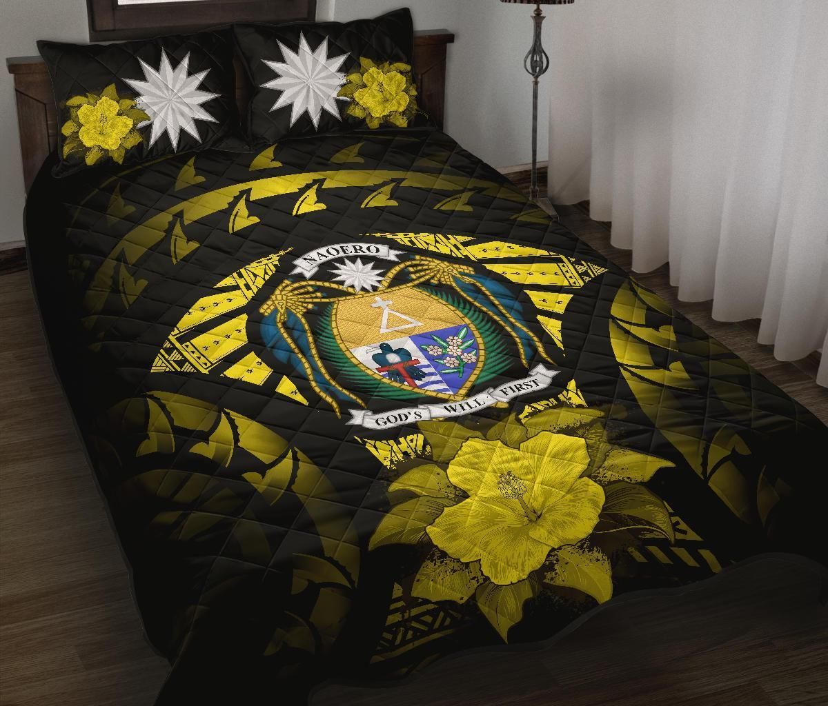 Nauru Polynesian Quilt Bed Set Hibiscus Yellow-Myprintsy