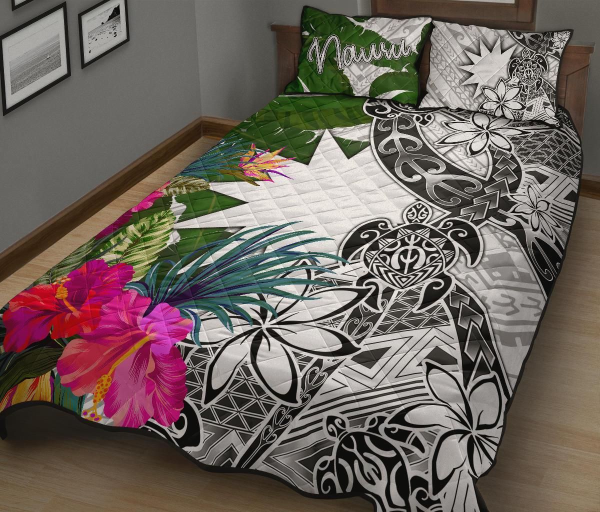 Nauru Quilt Bed Set White - Turtle Plumeria Banana Leaf-Myprintsy