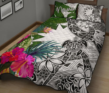 Nauru Quilt Bed Set White - Turtle Plumeria Banana Leaf-Myprintsy