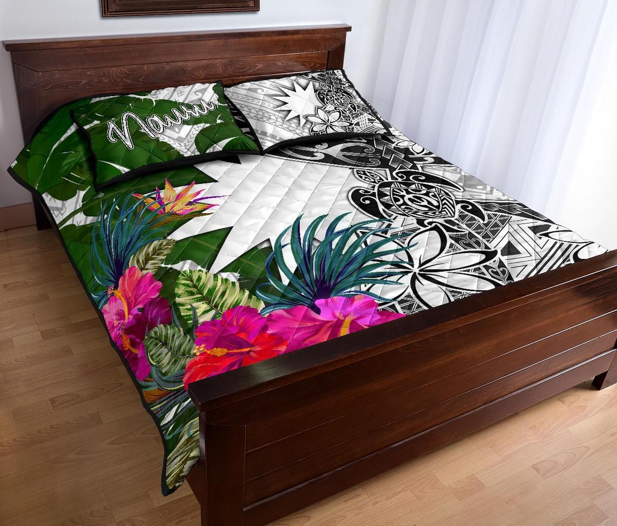 Nauru Quilt Bed Set White - Turtle Plumeria Banana Leaf-Myprintsy