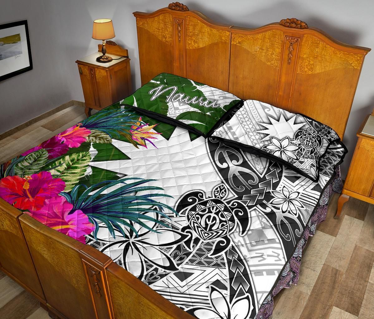Nauru Quilt Bed Set White - Turtle Plumeria Banana Leaf-Myprintsy