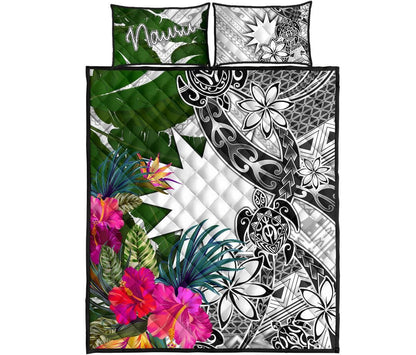 Nauru Quilt Bed Set White - Turtle Plumeria Banana Leaf-Myprintsy