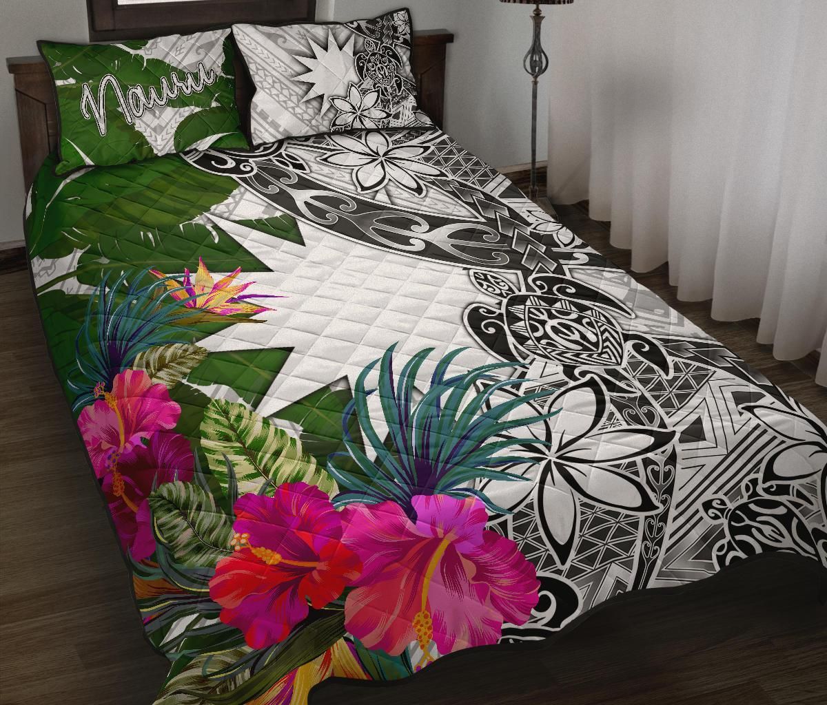 Nauru Quilt Bed Set White - Turtle Plumeria Banana Leaf-Myprintsy