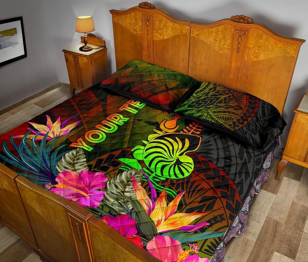 New Caledonia Polynesian Personalised Quilt Bed Set - Hibiscus and Banana Leaves