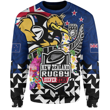 New Zealand Sweatshirt Custom Maori Kiwis Rugby Silver Fern Black Hexagon Tropical Jersey-Myprintsy