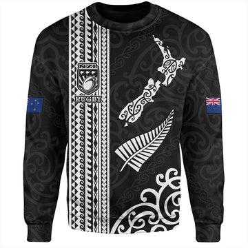 New Zealand Sweatshirt Custom NZ Rugby Silver Fern And Map Maori Tribal Black Jersey-Myprintsy