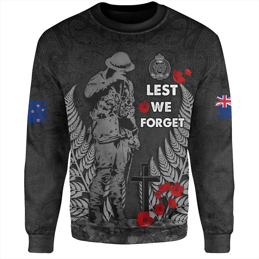 New Zealand Sweatshirt Maori Tribal Silver Fern Lest We Forget Solider-Myprintsy