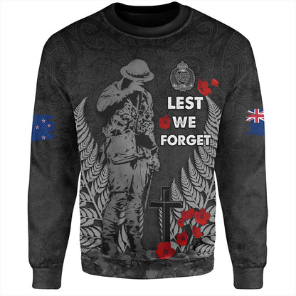 New Zealand Sweatshirt Maori Tribal Silver Fern Lest We Forget Solider-Myprintsy