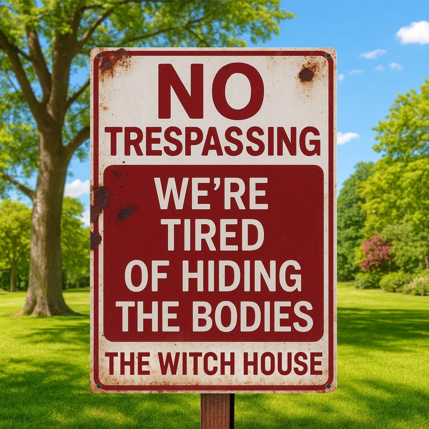No Trespassing, We're Tired Of Hiding The Bodies - Personalized Halloween Metal Sign-Myprintsy