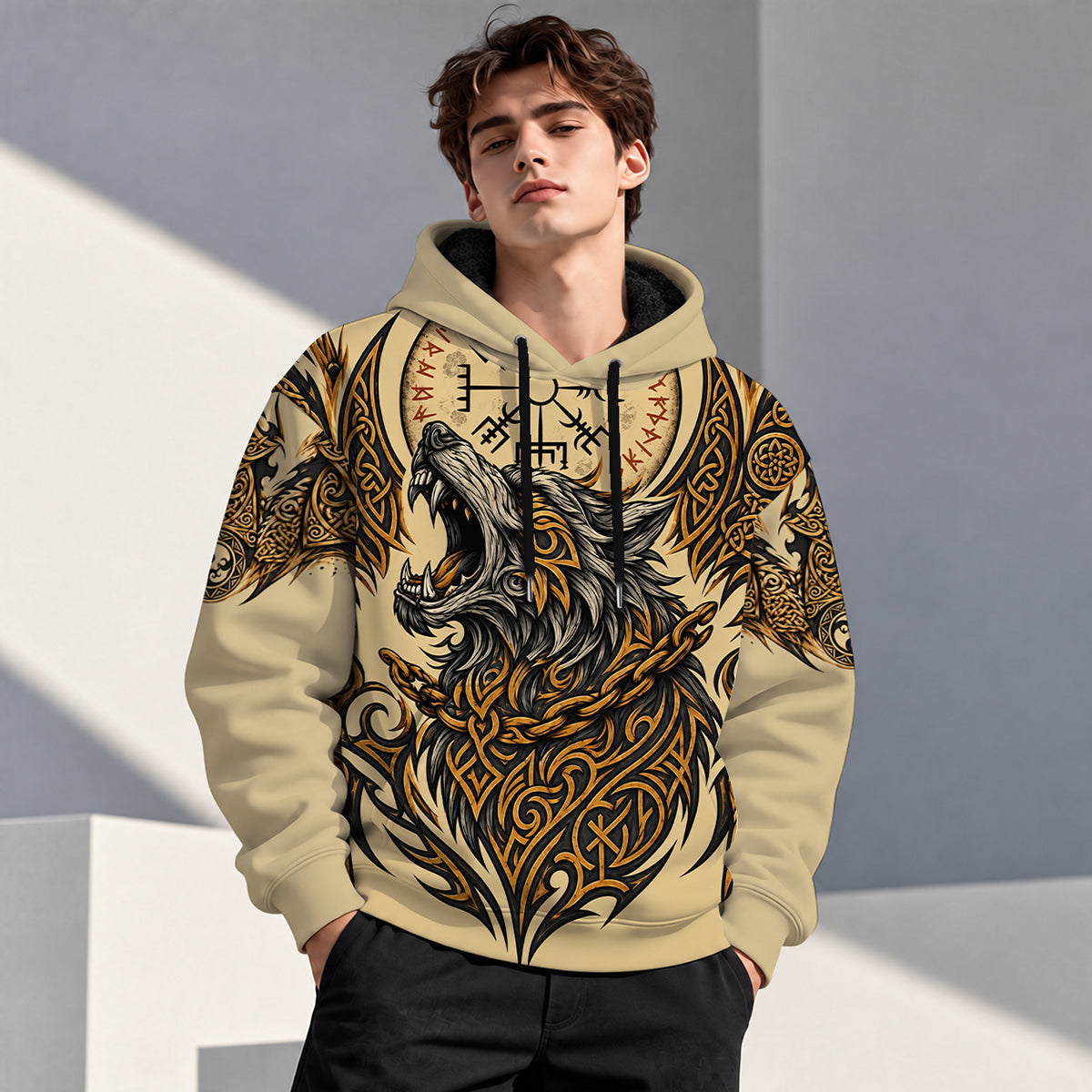 Norse Fenrir Wolf With Vegvisir Runic Compass Hoodie, Zip Hoodie-Myprintsy