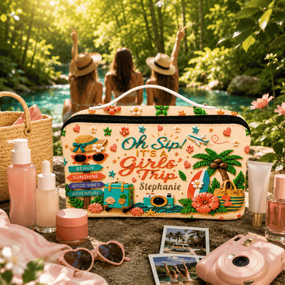 Oh Sip! It's a Girls' Trip - Personalized Girls' Trip Leather Makeup Bag - Gifts For Girls Trip-Myprintsy