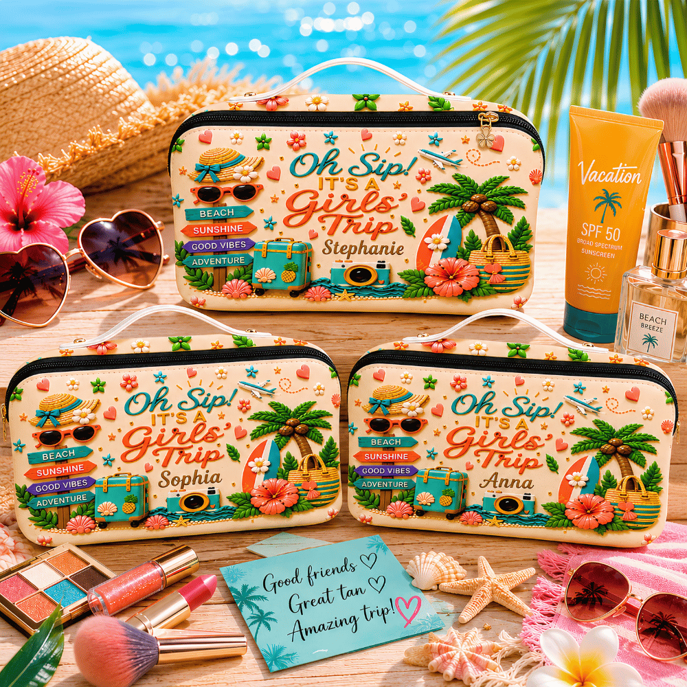 Oh Sip! It's a Girls' Trip - Personalized Girls' Trip Leather Makeup Bag - Gifts For Girls Trip-Myprintsy