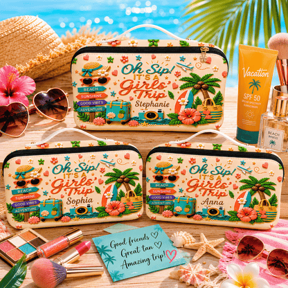 Oh Sip! It's a Girls' Trip - Personalized Girls' Trip Leather Makeup Bag - Gifts For Girls Trip-Myprintsy