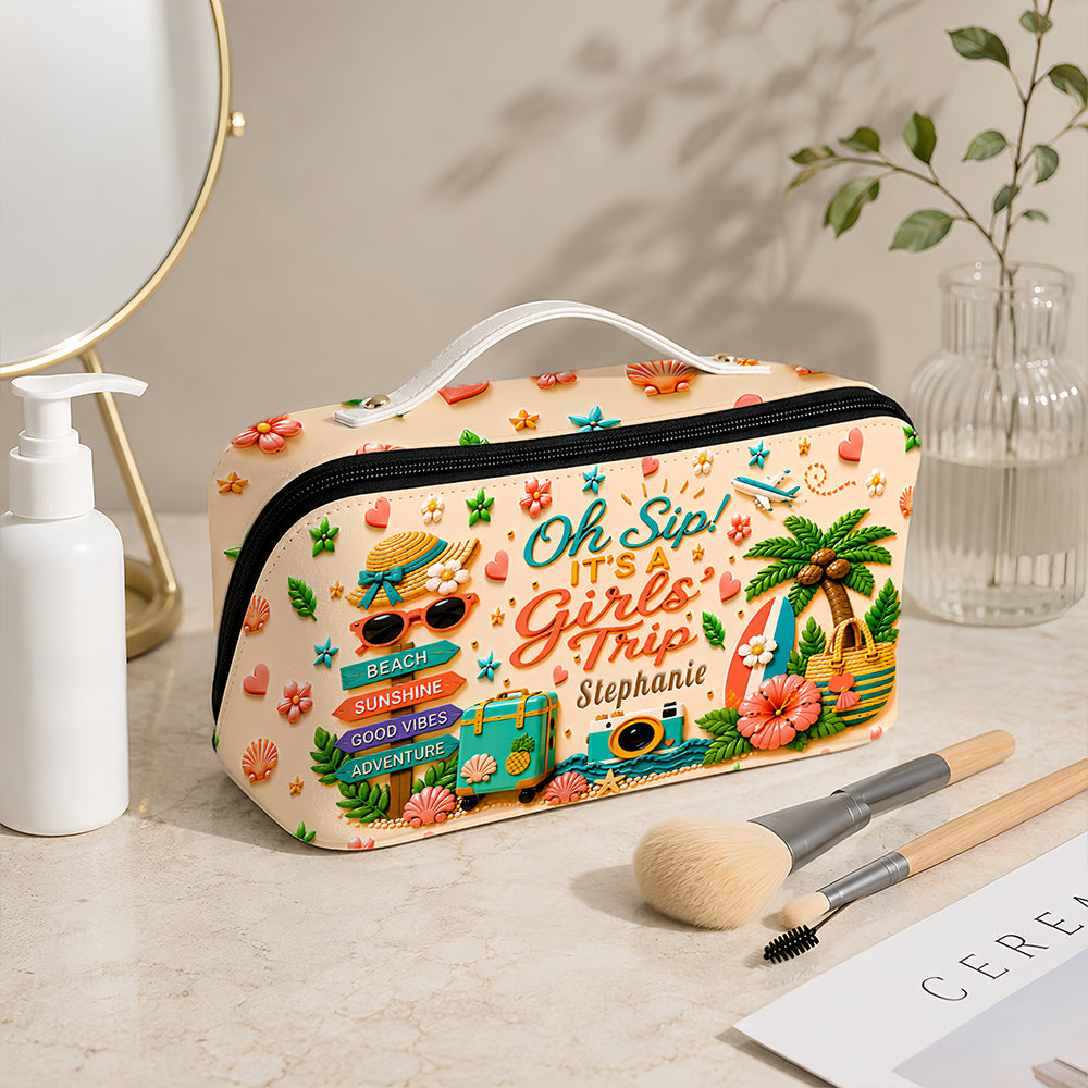 Oh Sip! It's a Girls' Trip - Personalized Girls' Trip Leather Makeup Bag - Gifts For Girls Trip-Myprintsy