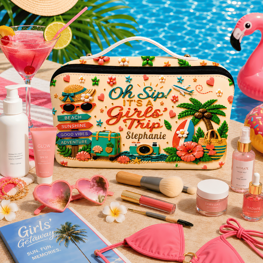 Oh Sip! It's a Girls' Trip - Personalized Girls' Trip Leather Makeup Bag - Gifts For Girls Trip-Myprintsy