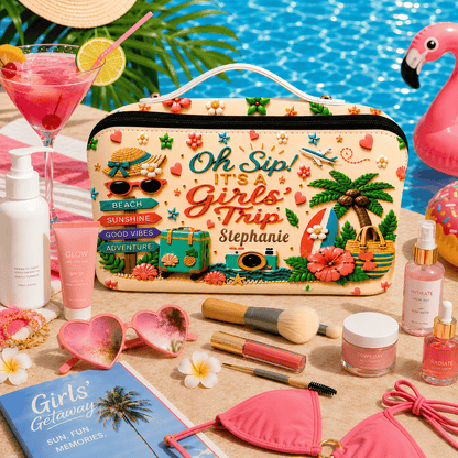 Oh Sip! It's a Girls' Trip - Personalized Girls' Trip Leather Makeup Bag - Gifts For Girls Trip-Myprintsy