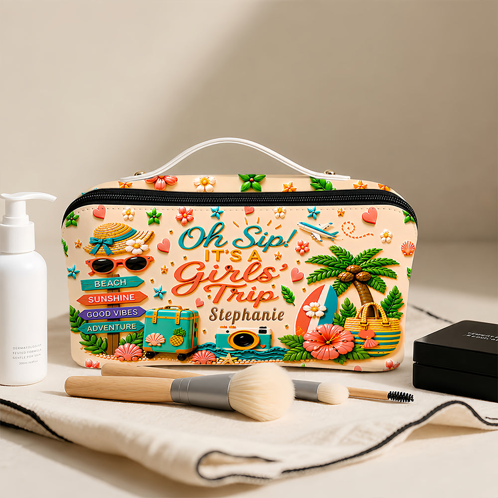 Oh Sip! It's a Girls' Trip - Personalized Girls' Trip Leather Makeup Bag - Gifts For Girls Trip-Myprintsy