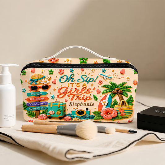 Oh Sip! It's a Girls' Trip - Personalized Girls' Trip Leather Makeup Bag - Gifts For Girls Trip-Myprintsy