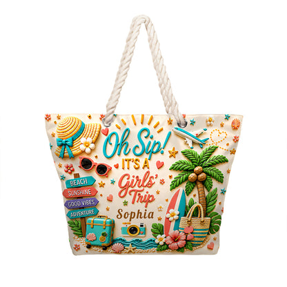 Oh Sip! It's a Girls' Trip - Personalized Hemp Rope Tote Bag - Girls' Trip Gifts-Myprintsy