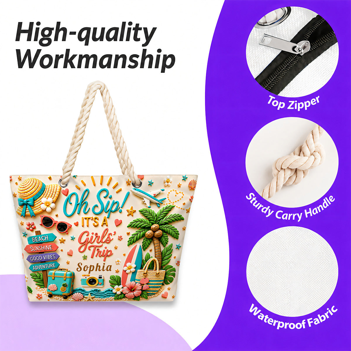 Oh Sip! It's a Girls' Trip - Personalized Hemp Rope Tote Bag - Girls' Trip Gifts-Myprintsy