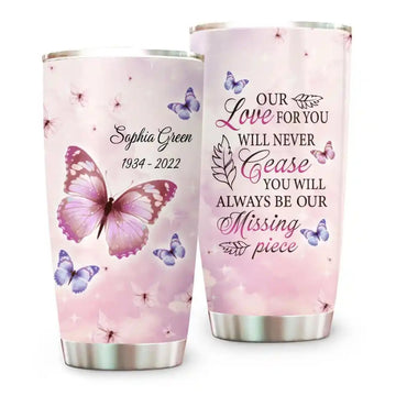 Our Love For You Will Never Cease, Personalized Memorial Tumbler, Memories In Heaven-Myprintsy